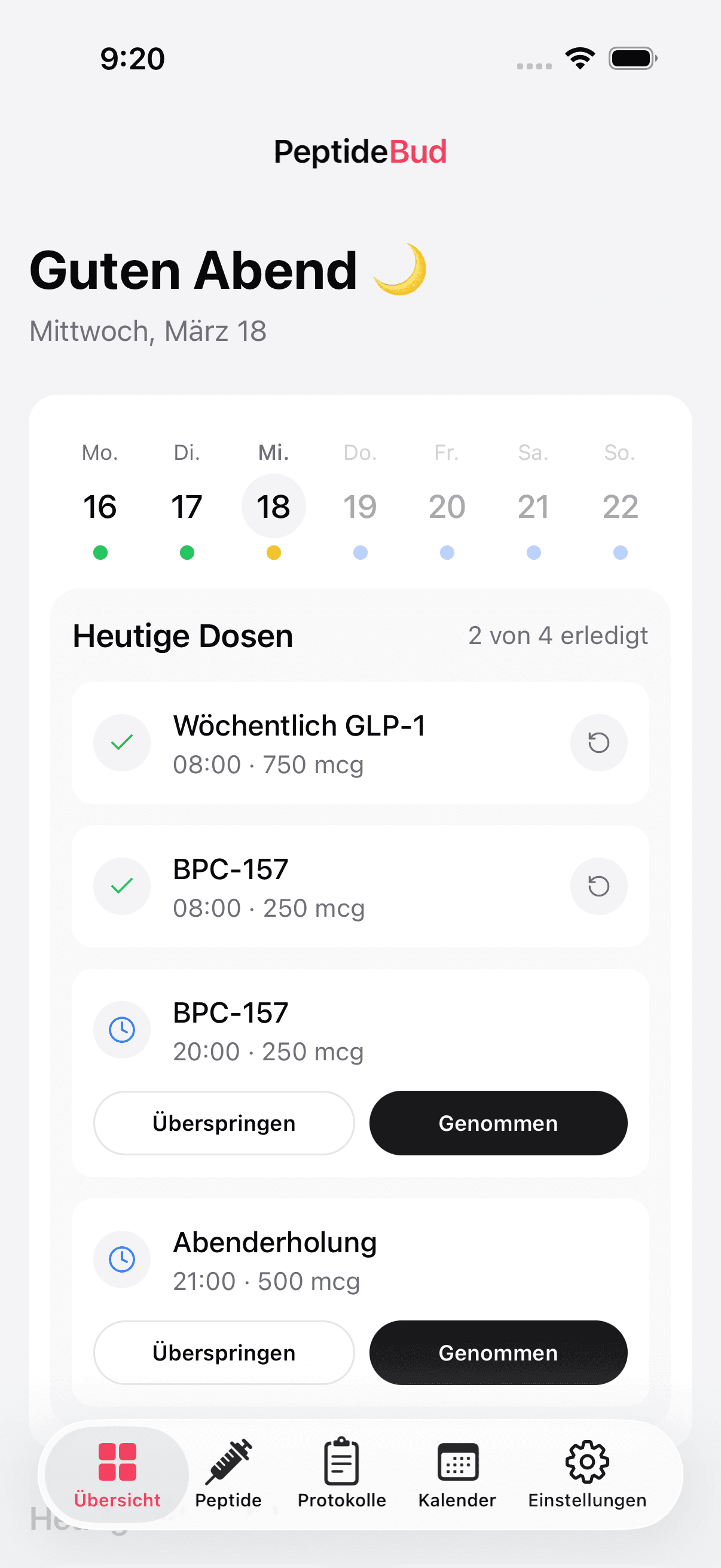 PeptideBud daily dashboard showing scheduled doses