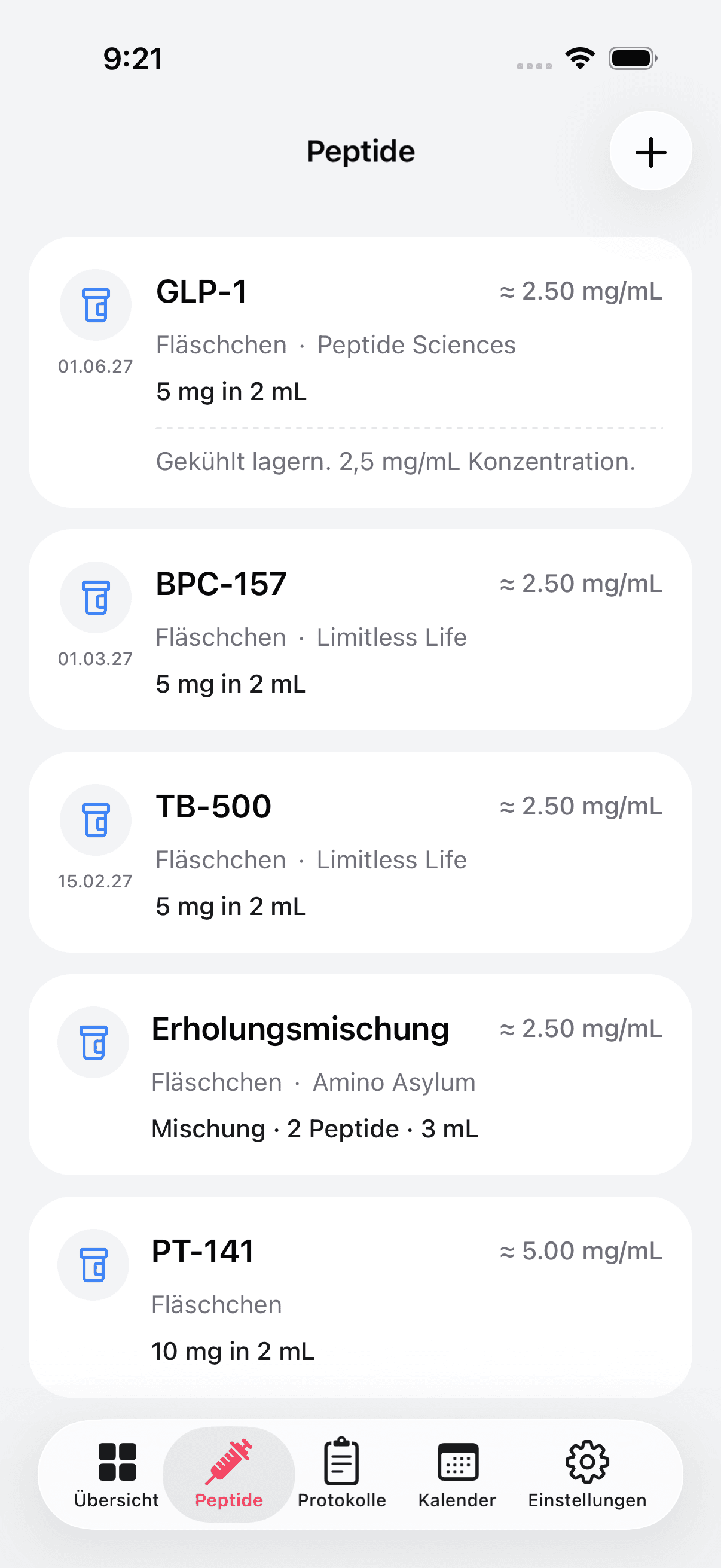 Peptide inventory with vials, pens, and blends