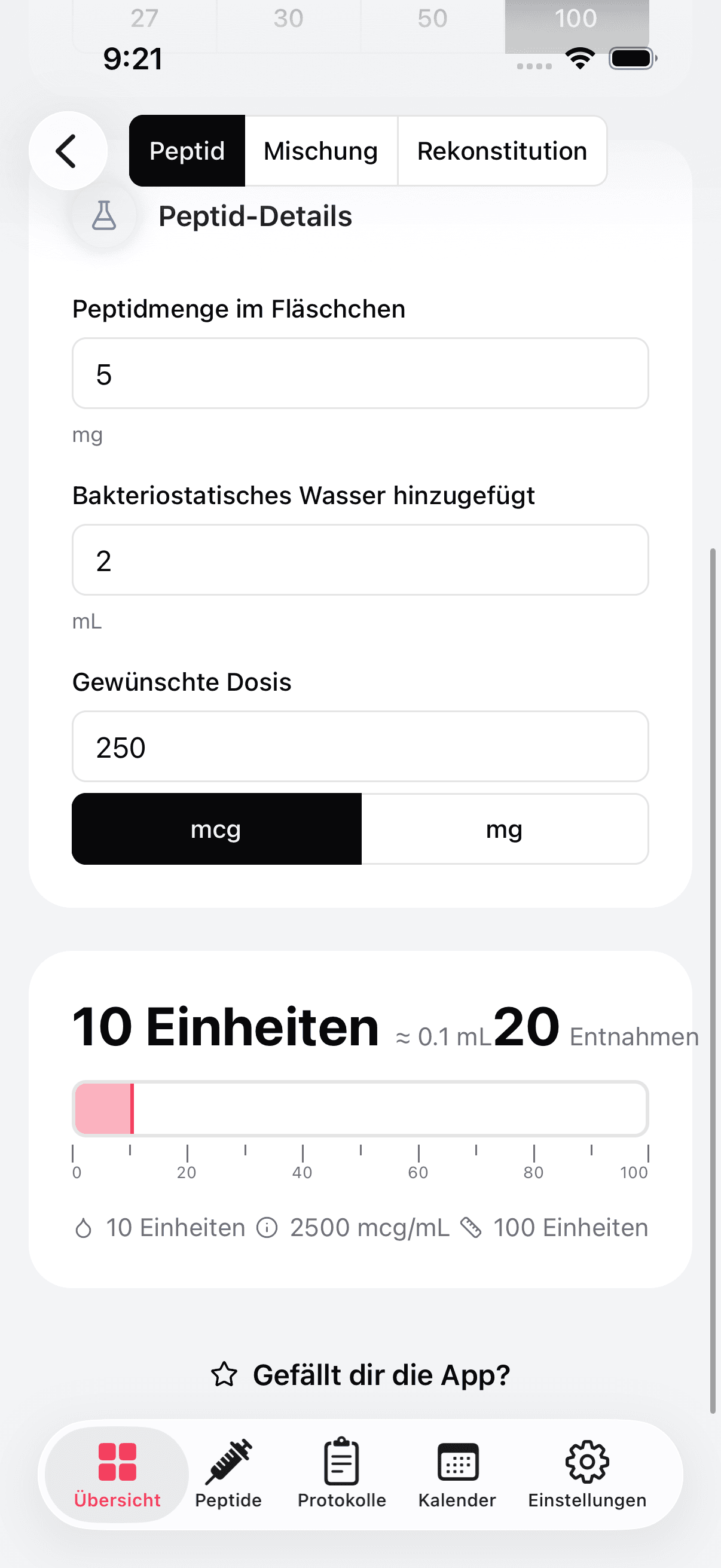 Peptide dosage calculator with syringe overlay