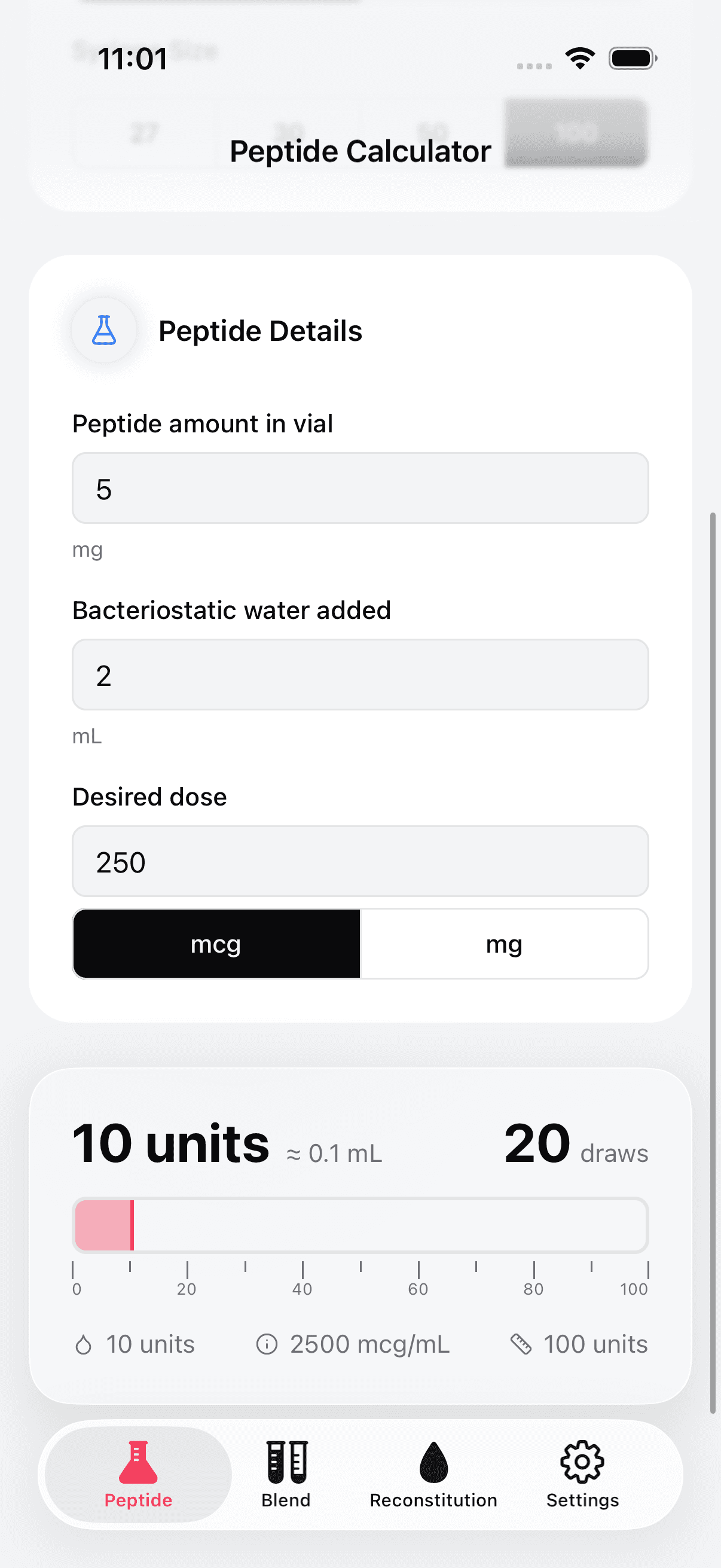 Peptide calculator showing dosage and units