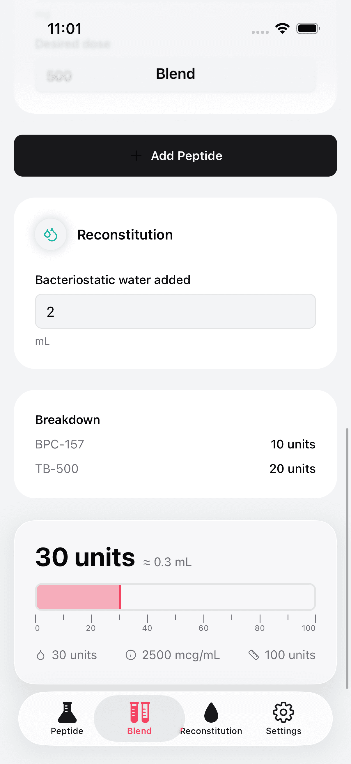 Blend calculator with peptide breakdown