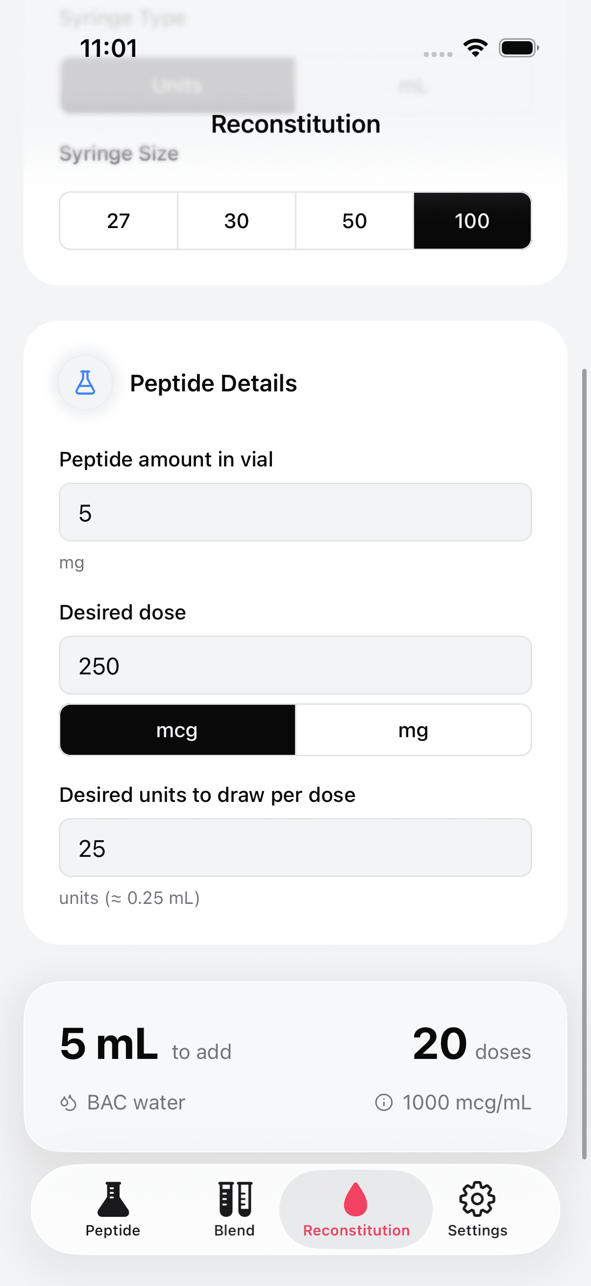 Reconstitution calculator for bacteriostatic water