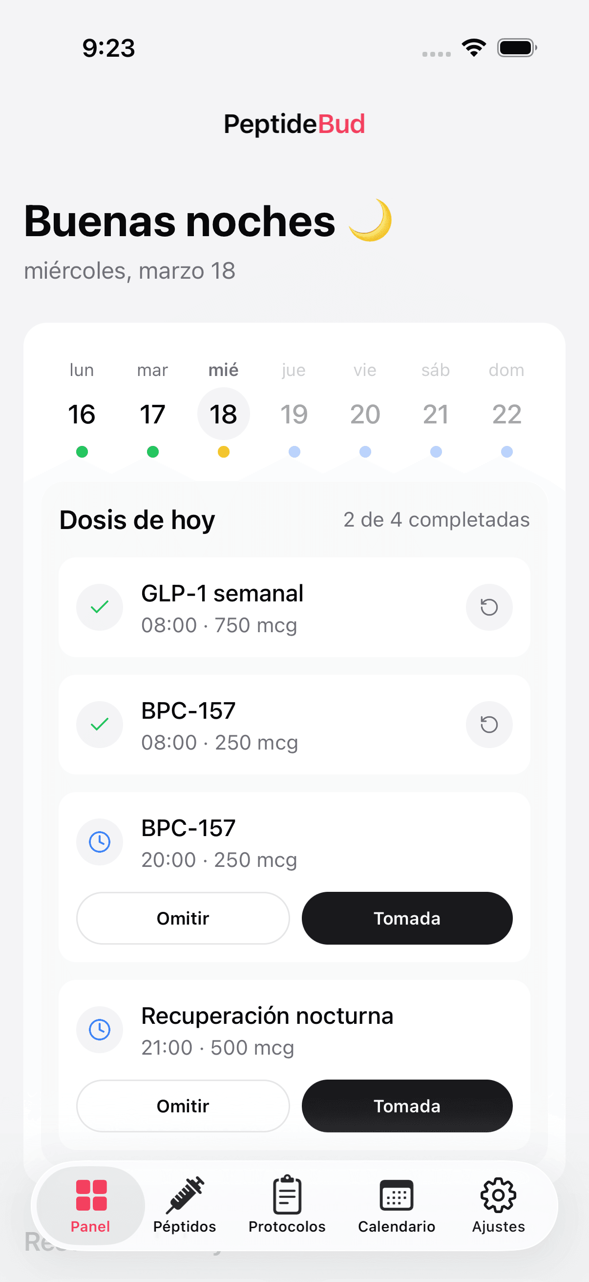 PeptideBud daily dashboard showing scheduled doses
