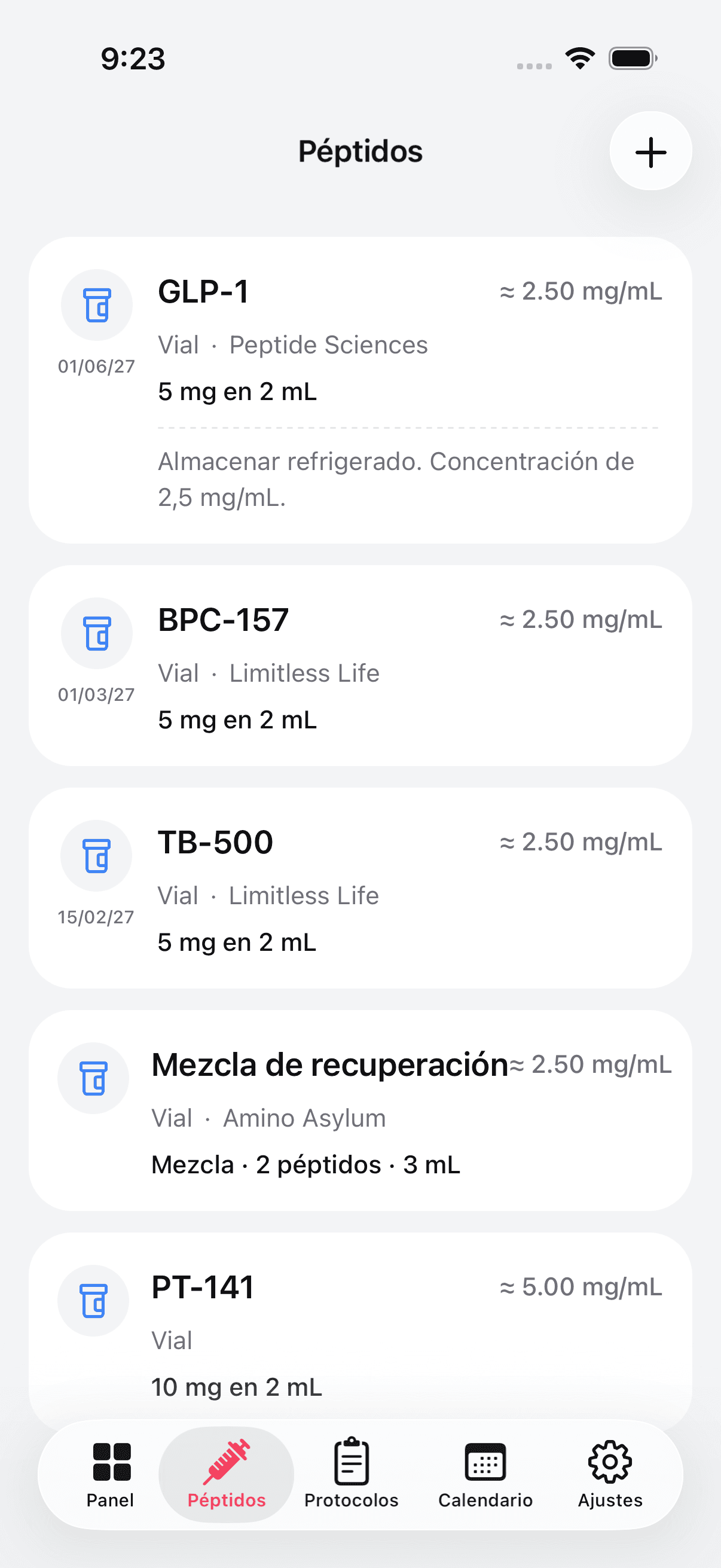 Peptide inventory with vials, pens, and blends