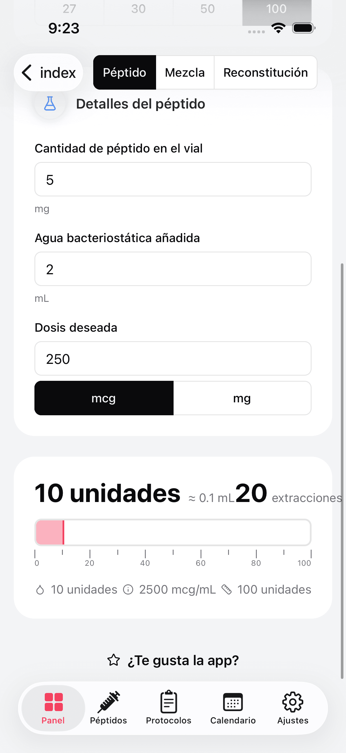 Peptide dosage calculator with syringe overlay