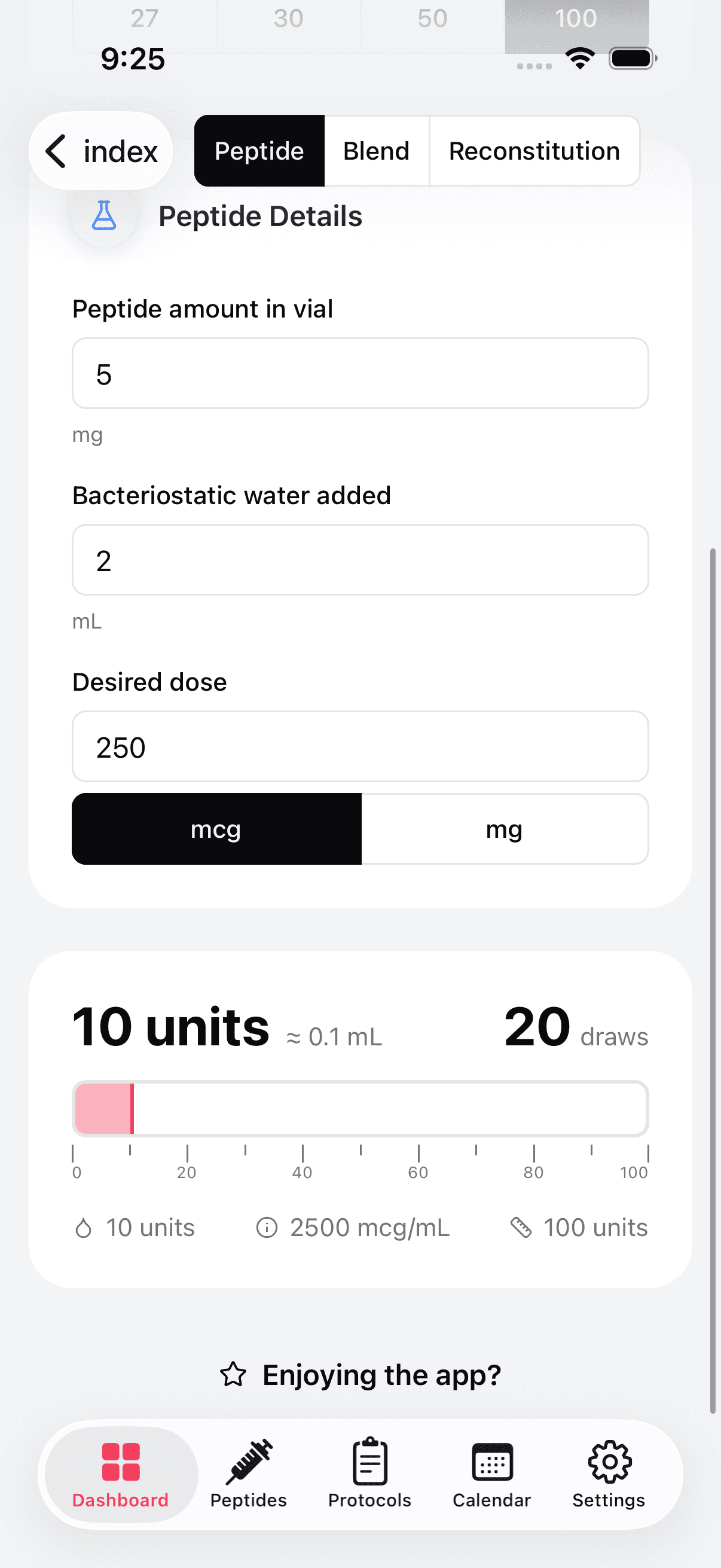 Peptide dosage calculator with syringe overlay