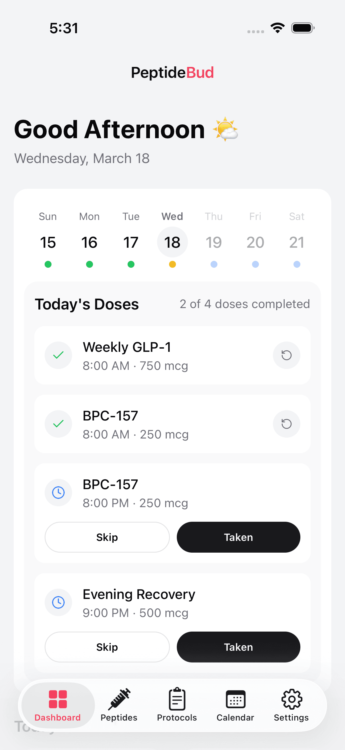 PeptideBud daily dashboard showing scheduled doses