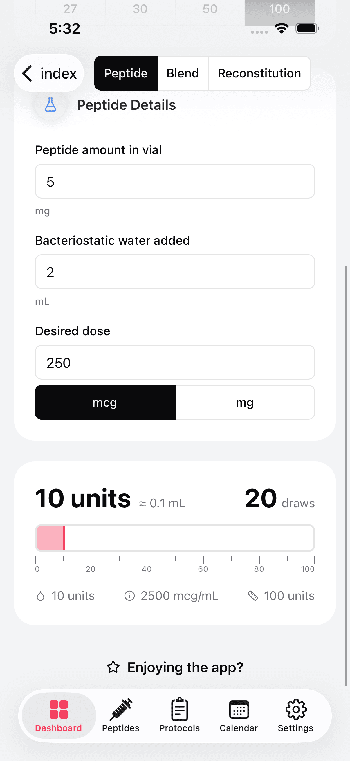 Peptide dosage calculator with syringe overlay