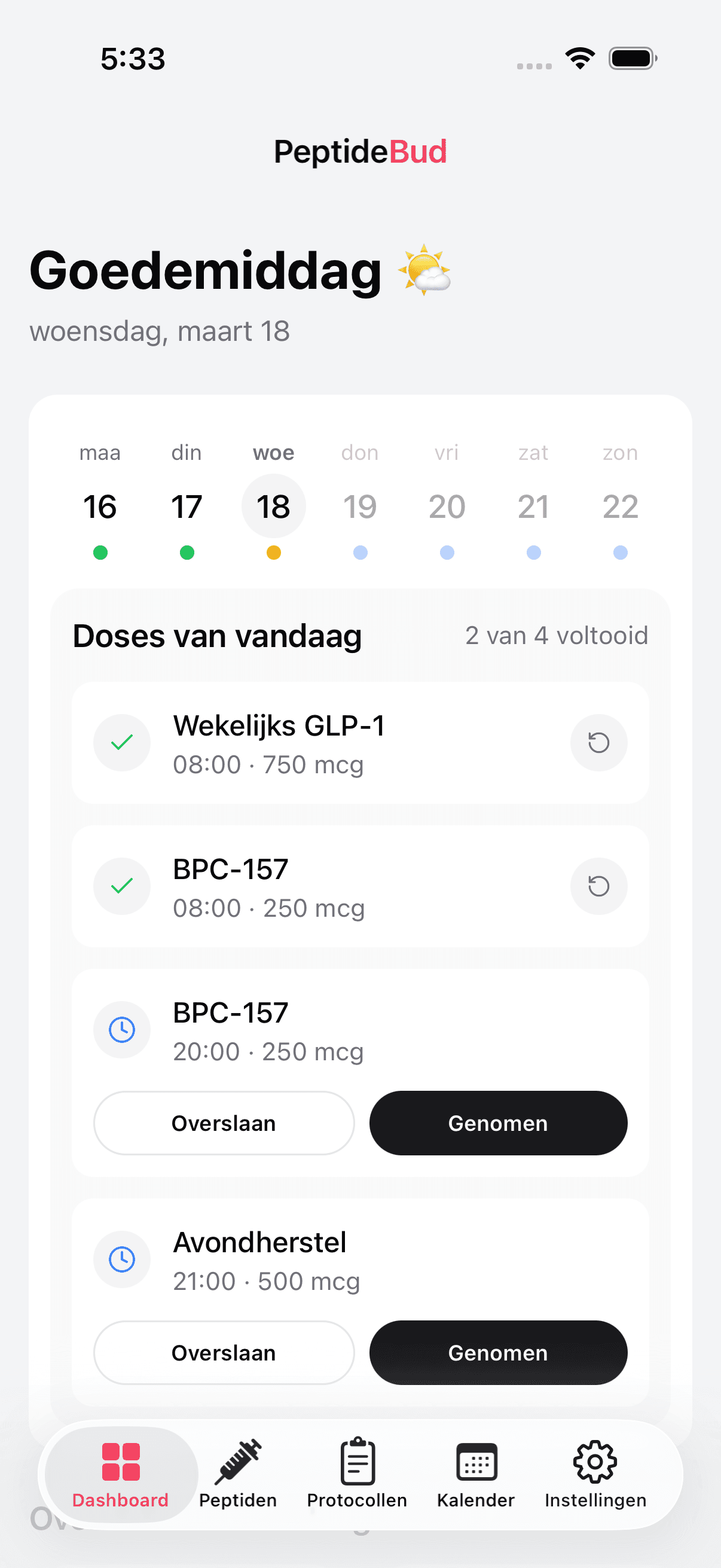 PeptideBud daily dashboard showing scheduled doses