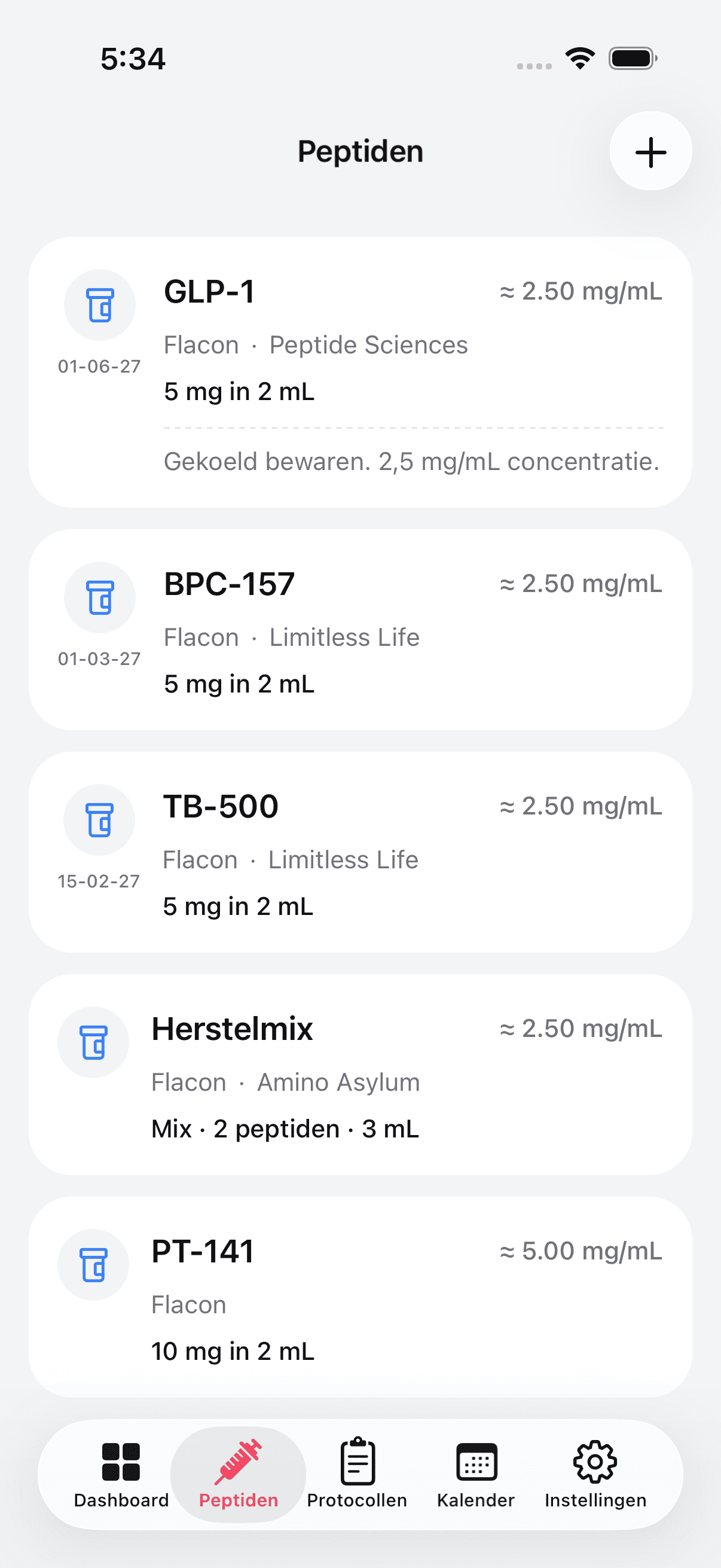 Peptide inventory with vials, pens, and blends