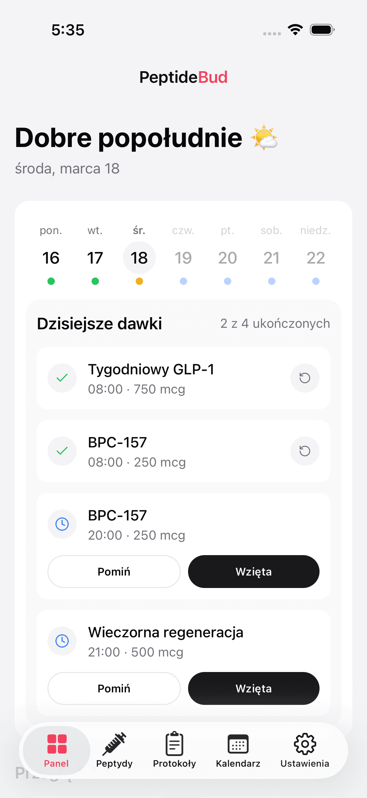 PeptideBud daily dashboard showing scheduled doses