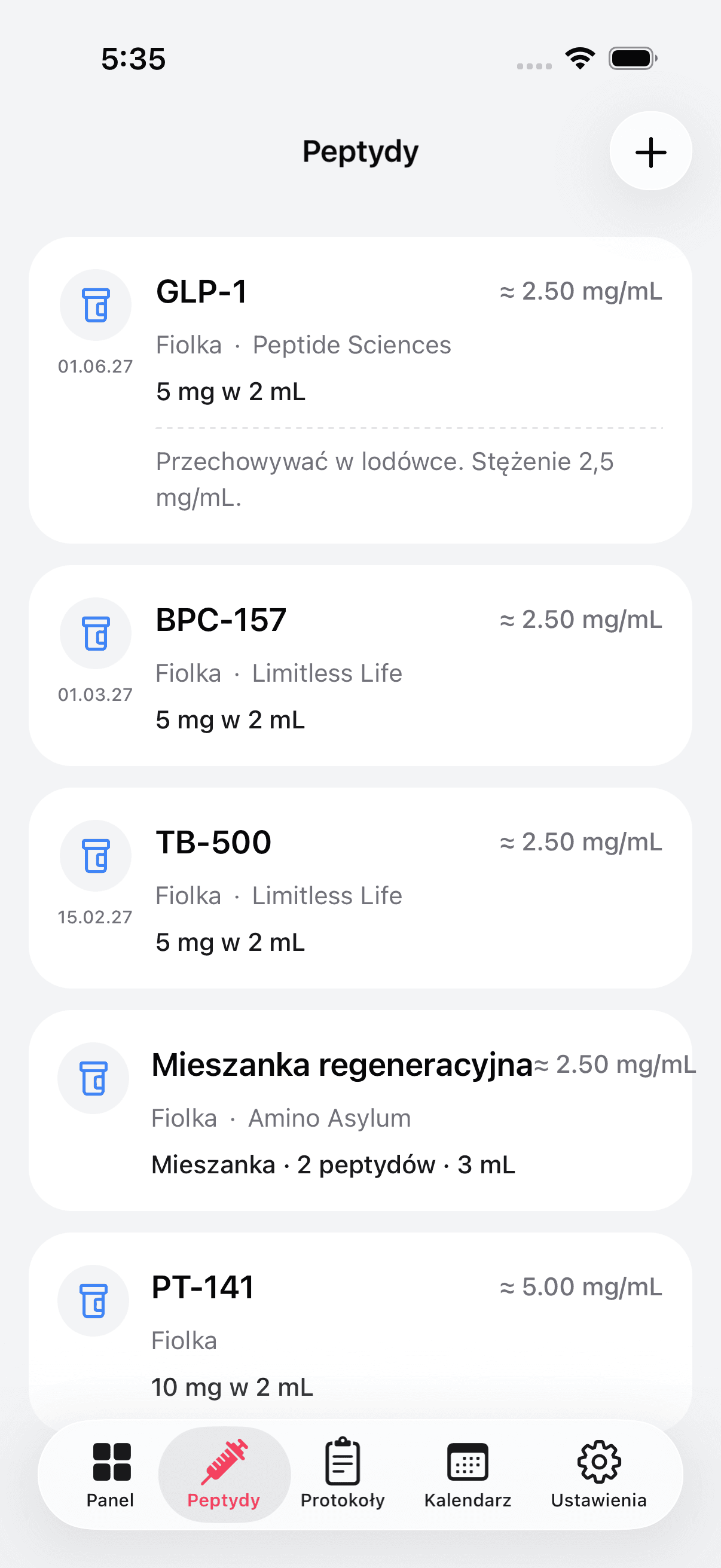 Peptide inventory with vials, pens, and blends