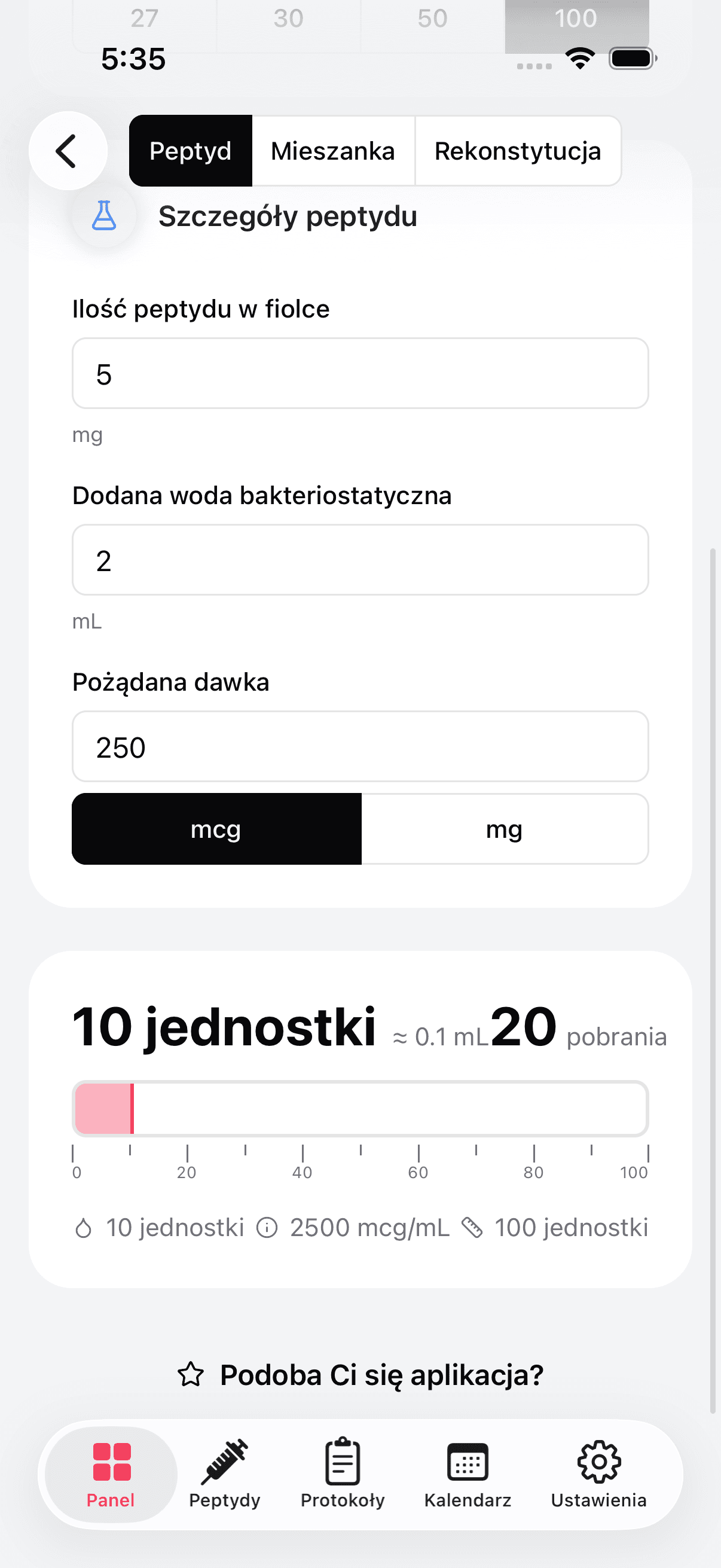 Peptide dosage calculator with syringe overlay