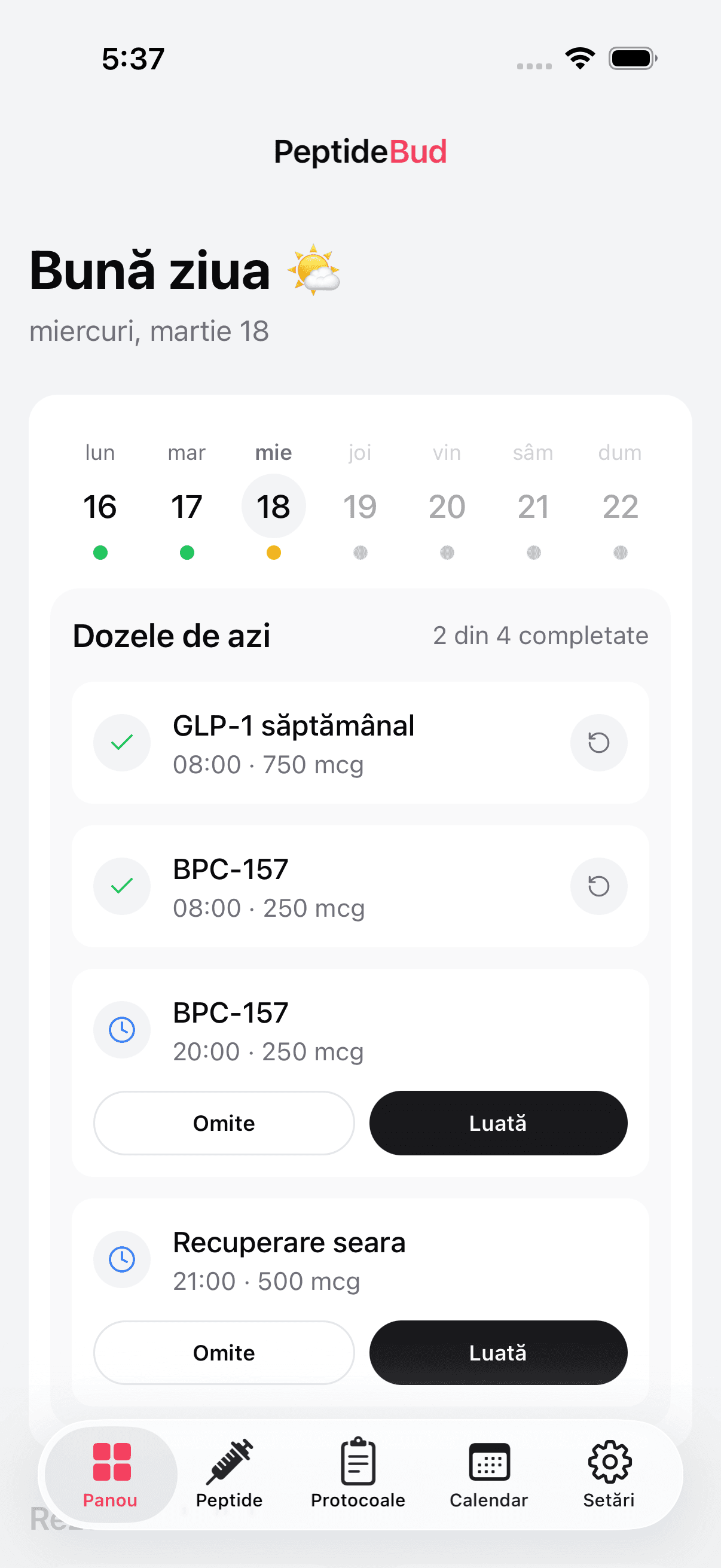 PeptideBud daily dashboard showing scheduled doses
