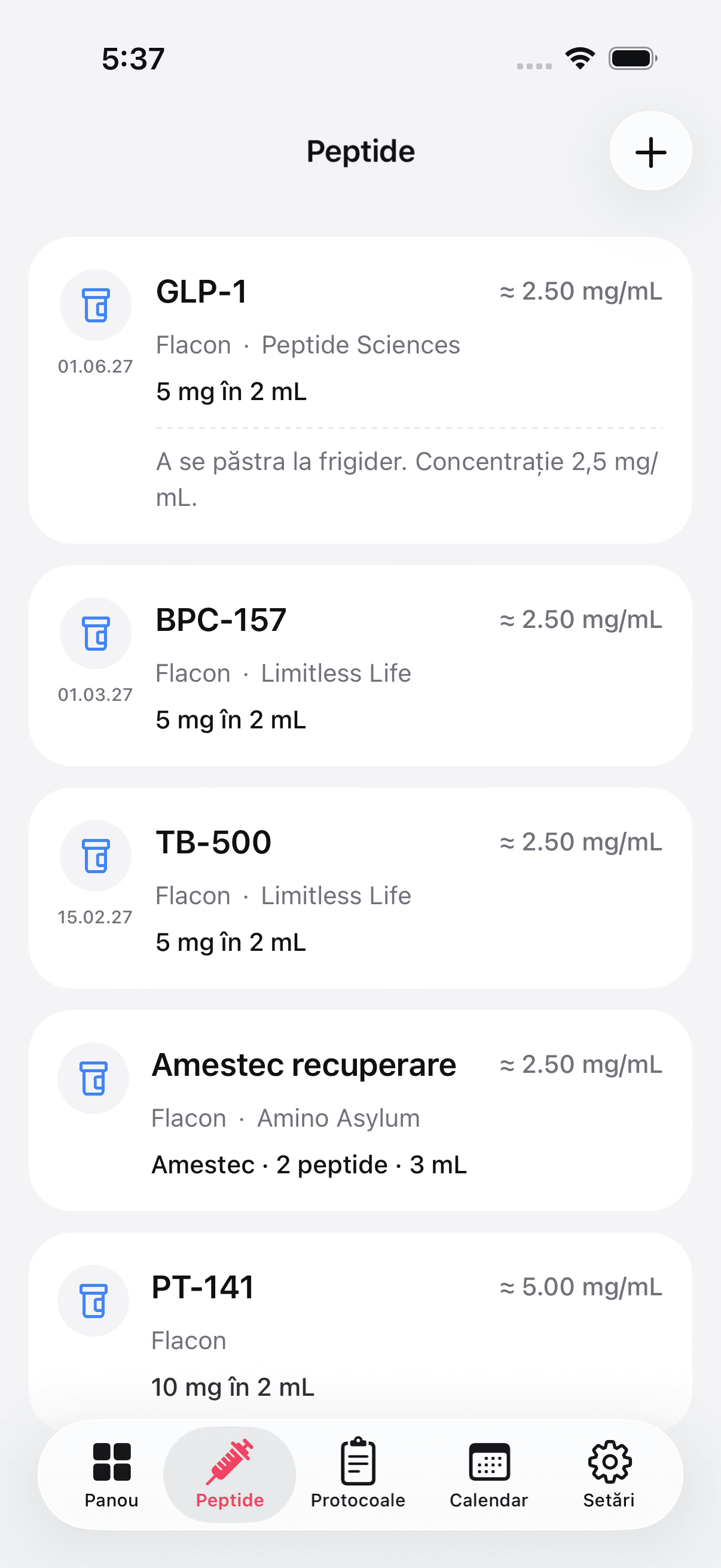 Peptide inventory with vials, pens, and blends