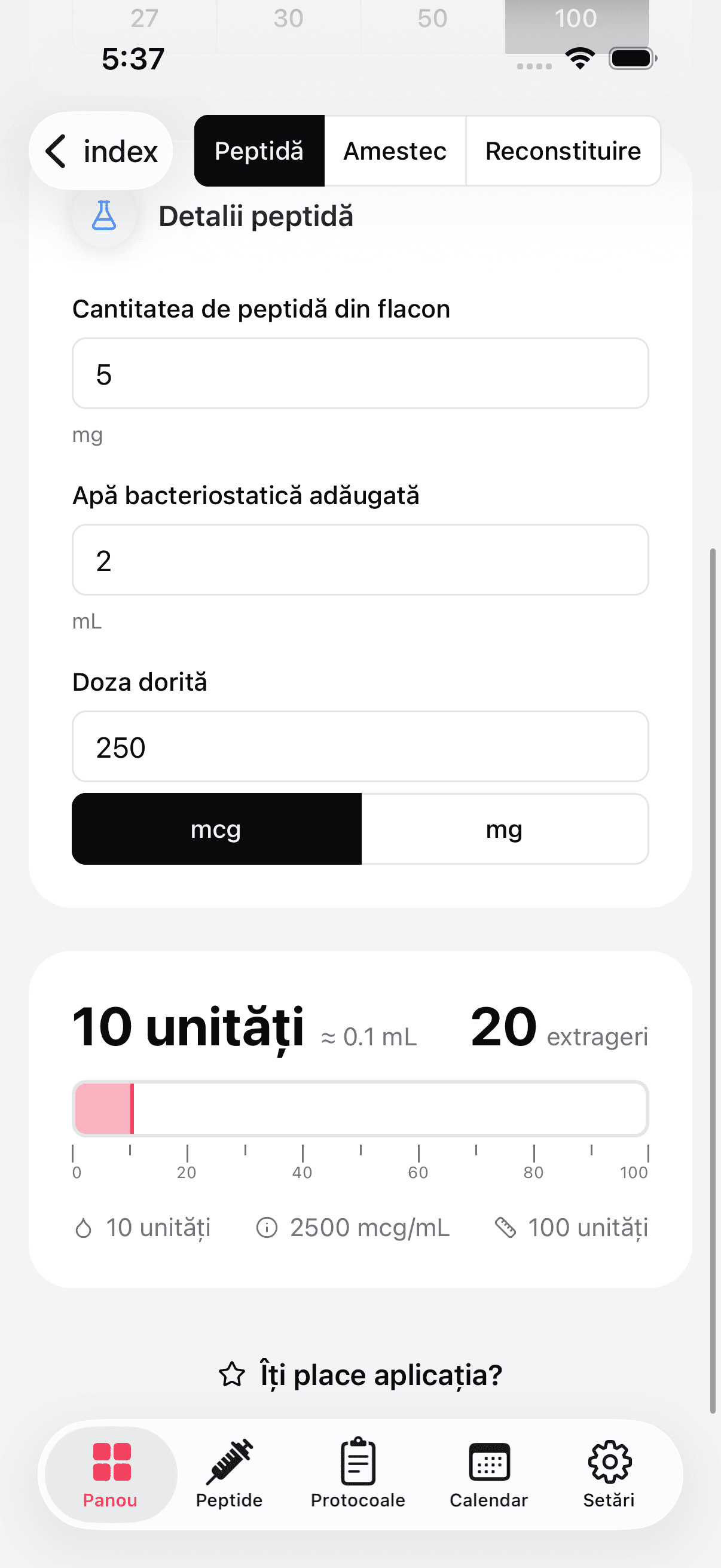 Peptide dosage calculator with syringe overlay