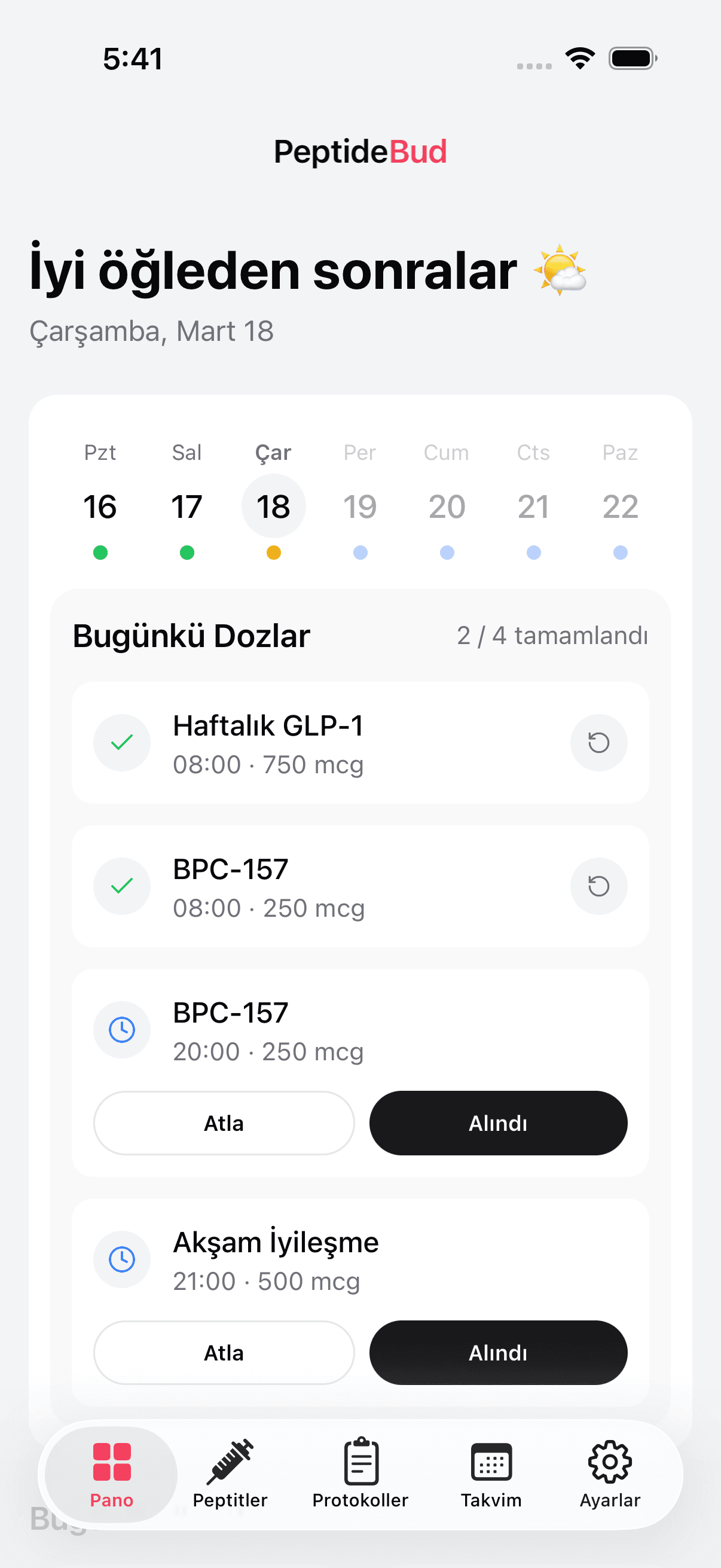 PeptideBud daily dashboard showing scheduled doses
