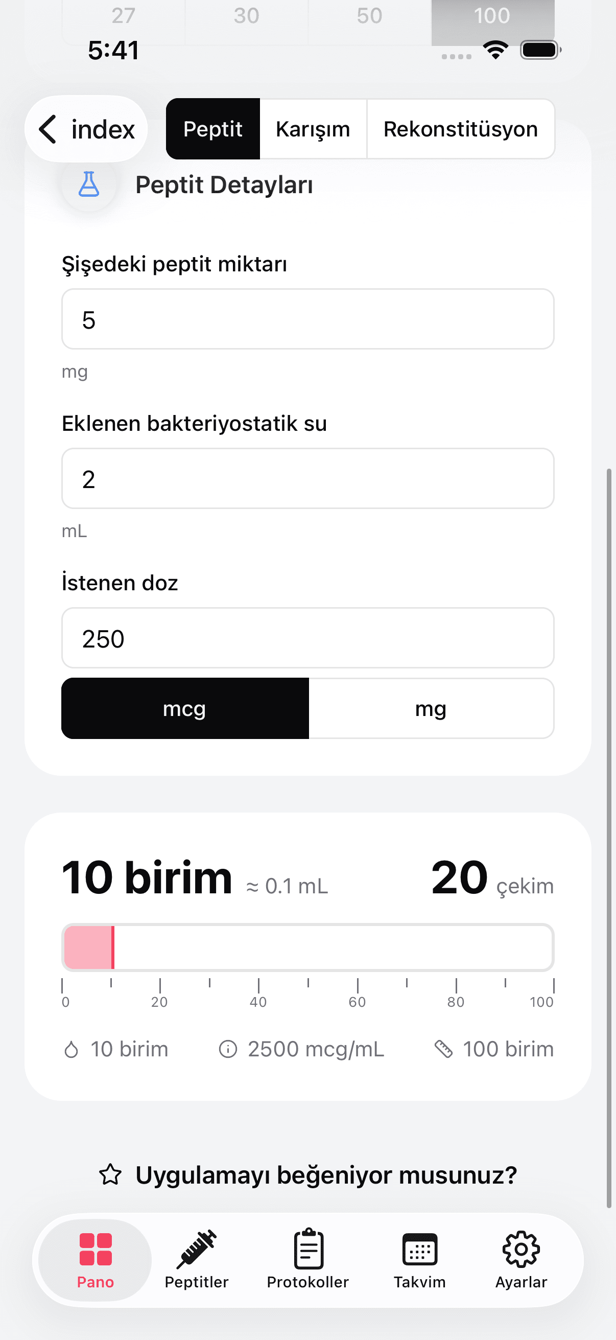 Peptide dosage calculator with syringe overlay