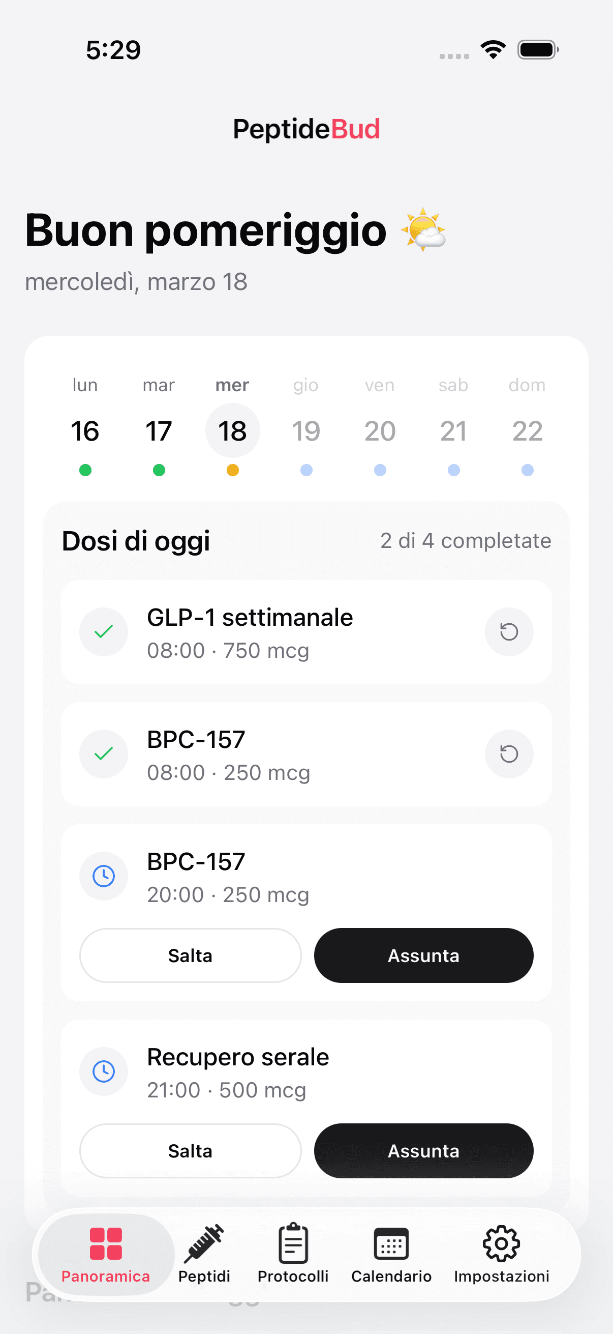 Daily dashboard showing scheduled doses and adherence stats