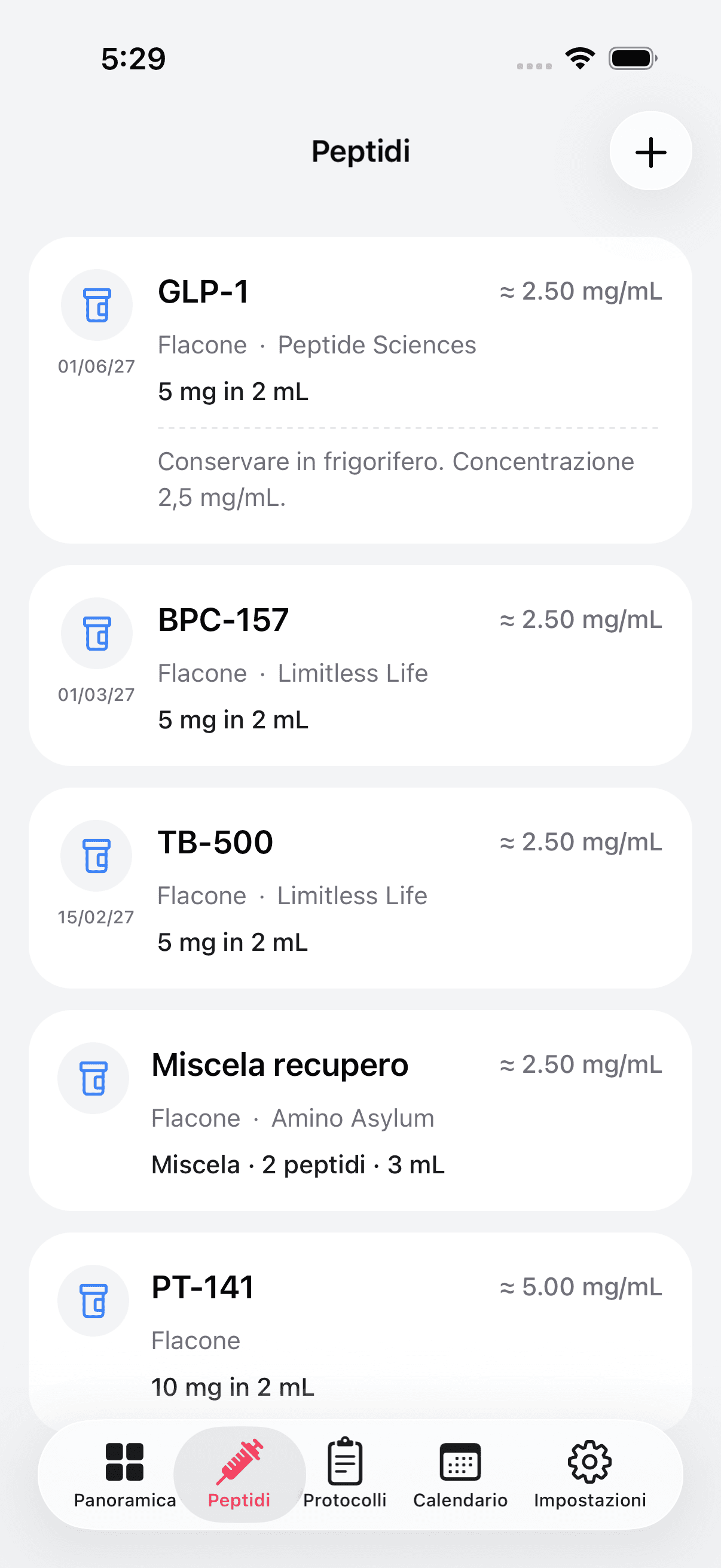 Peptide inventory with vials, pens, and blends