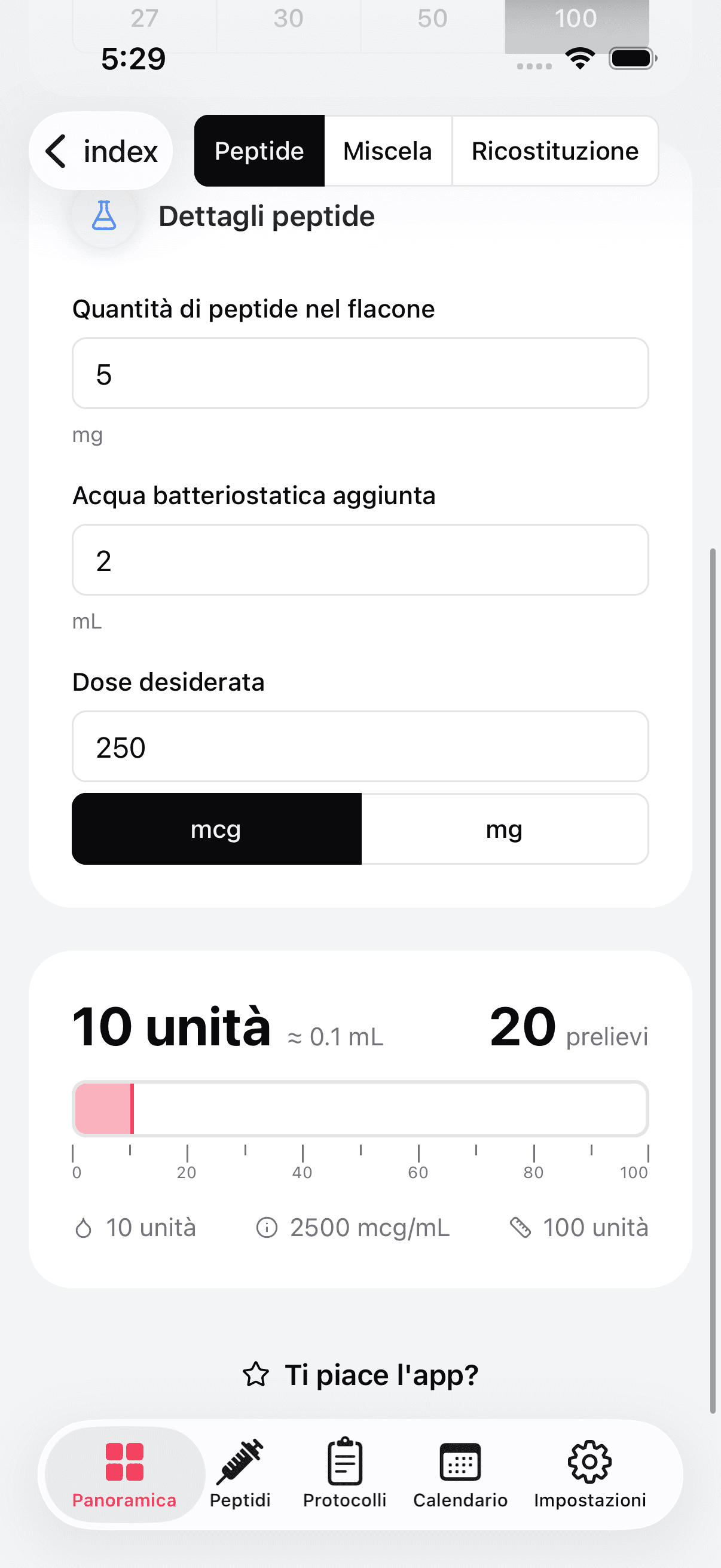 Peptide dosage calculator with syringe overlay