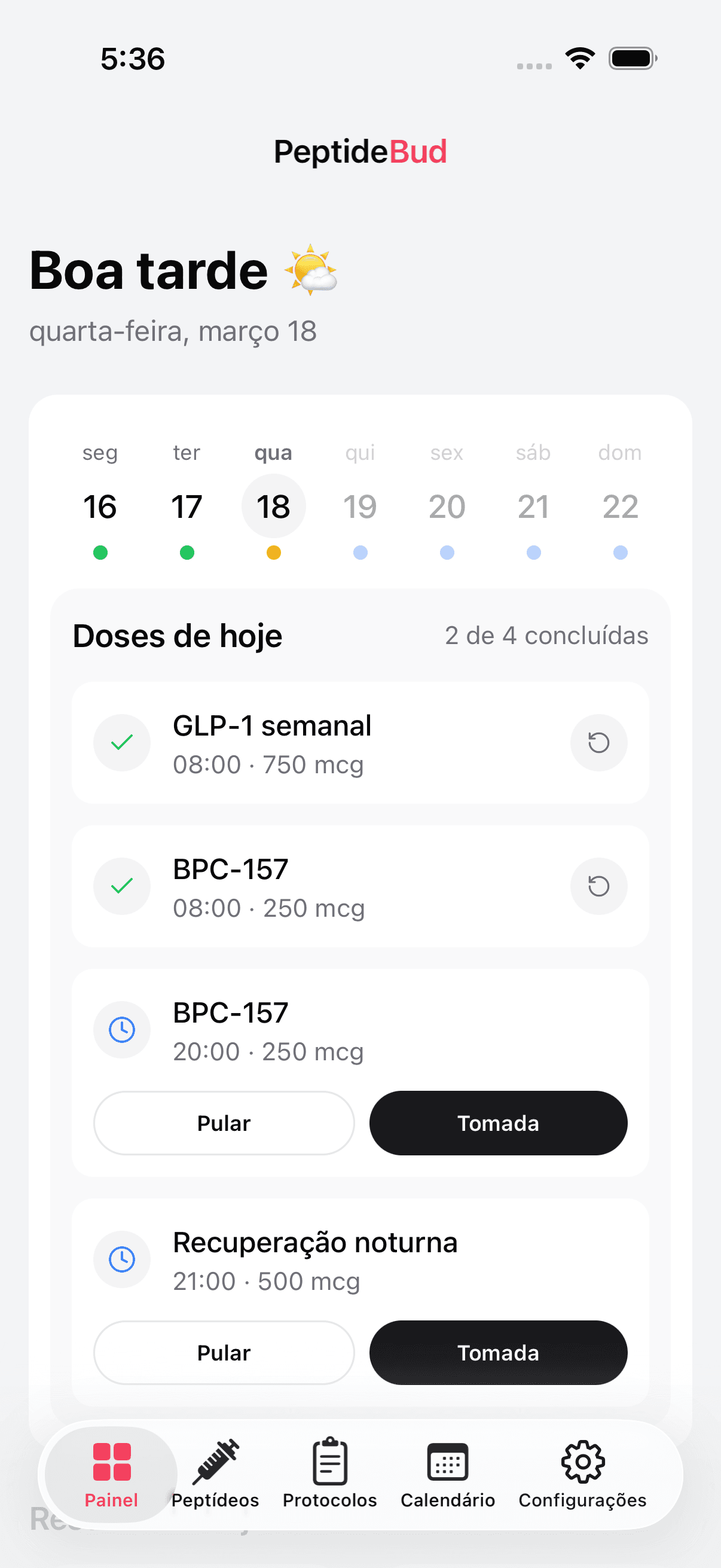 Daily dashboard showing scheduled doses and adherence stats