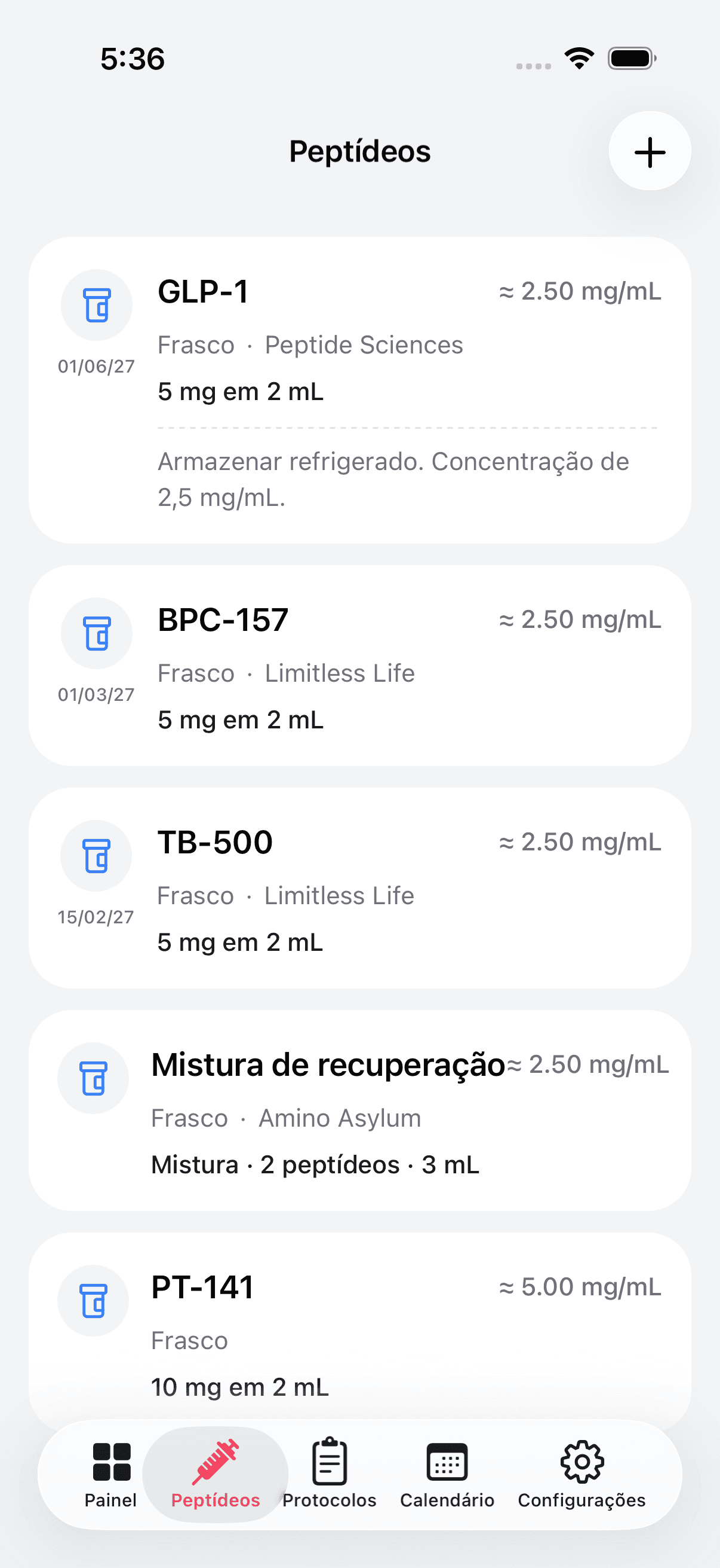 Peptide inventory with vials, pens, and blends
