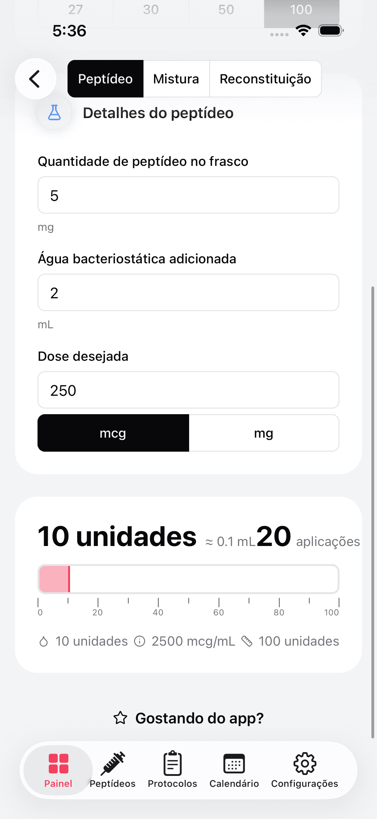 Peptide dosage calculator with syringe overlay